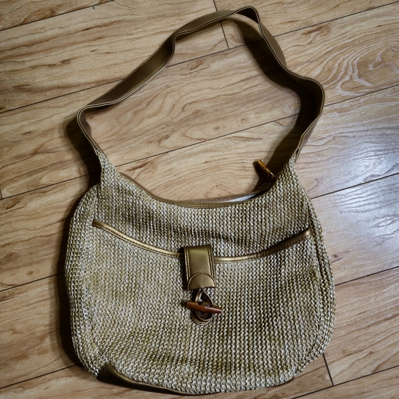 Gold Vintage Carlo D'Santi Woven Oversized Shoulder Purse/Bag with Bamboo Zipper - Picture 3 of 7